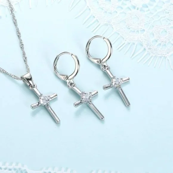 925 Sterling Silver Cross Necklace and Earrings Set Adorable Gift Ensemble - Picture 2 of 7